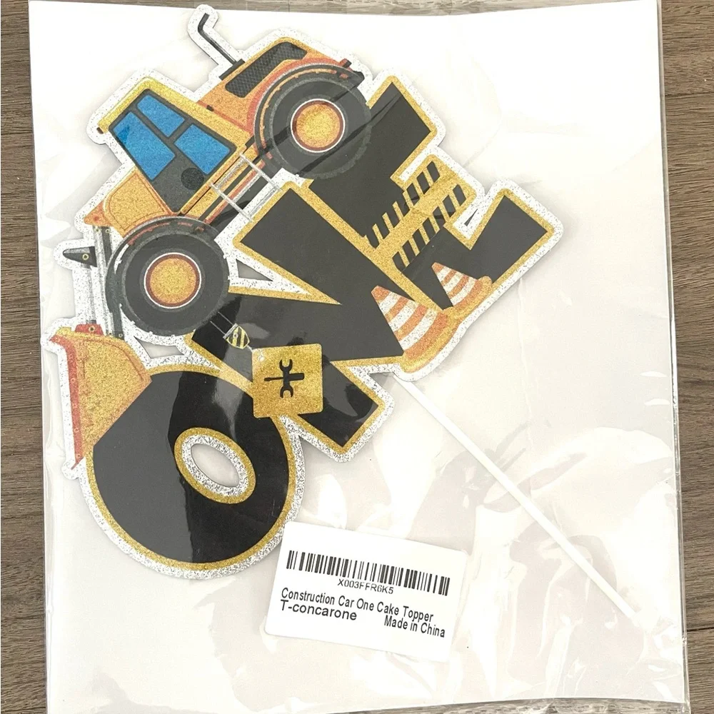 Construction 1st Birthday Vehicle Cake Topper - Gold and Black